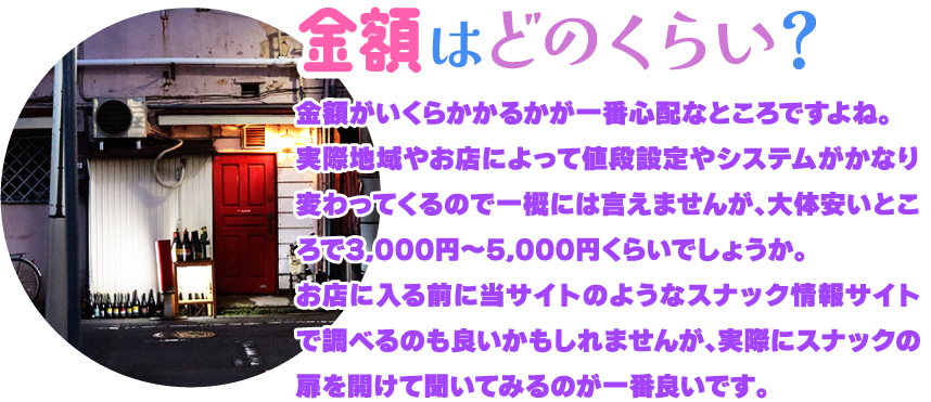 [金額はどのくらい?]金額がいくらかかるかが一番心配なところですよね。実際地域やお店によって値段設定やシステムがかなり変わってくるので一概には言えませんが、大体安いところで3,000円~5,000円くらいでしょうか。お店に入る前に当サイトのようなスナック情報サイトで調べるのも良いかもしれませんが、実際にスナックの扉を開けて聞いてみるのが一番良いです。